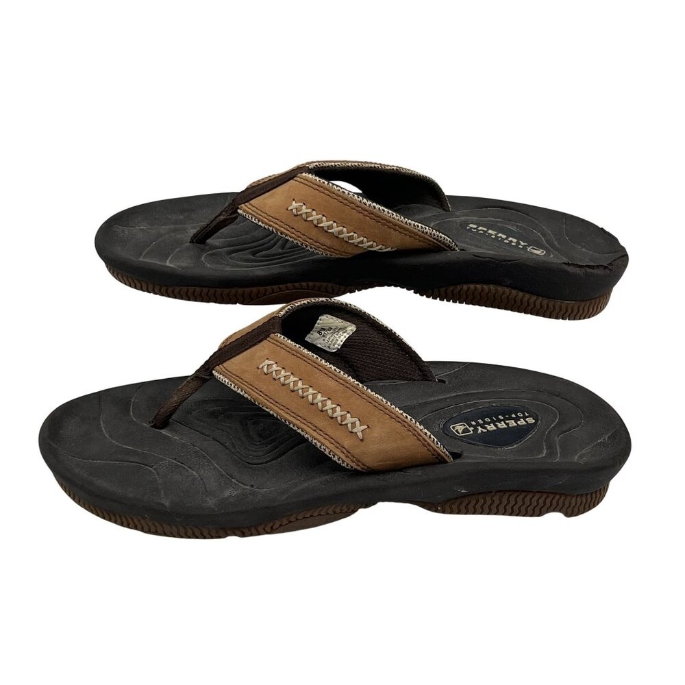 Sperry Mens Size 8 Brown & Black Sandals Flip Flops Stitch Detail Rubber Sole